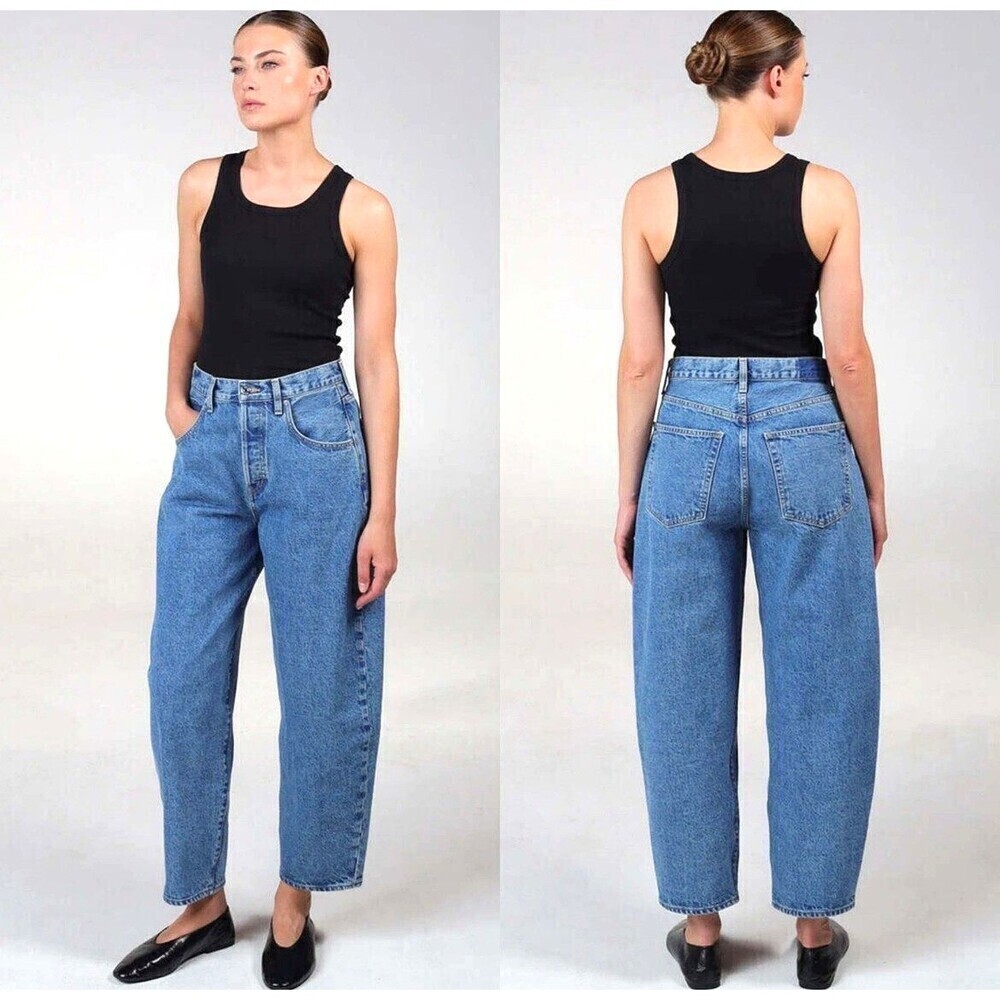 New Etica Women Cassel Ultra High Barrel Jeans Denim Bluestone Size 31 1071R3